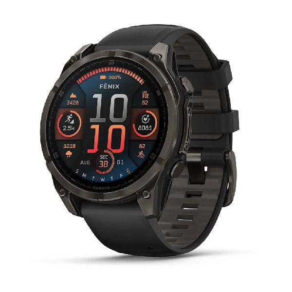 fenix® 8 – 47 mm AMOLED - Sapphire, Carbon Gray DLC Titanium with Black/Pebble Gray Silicone Band