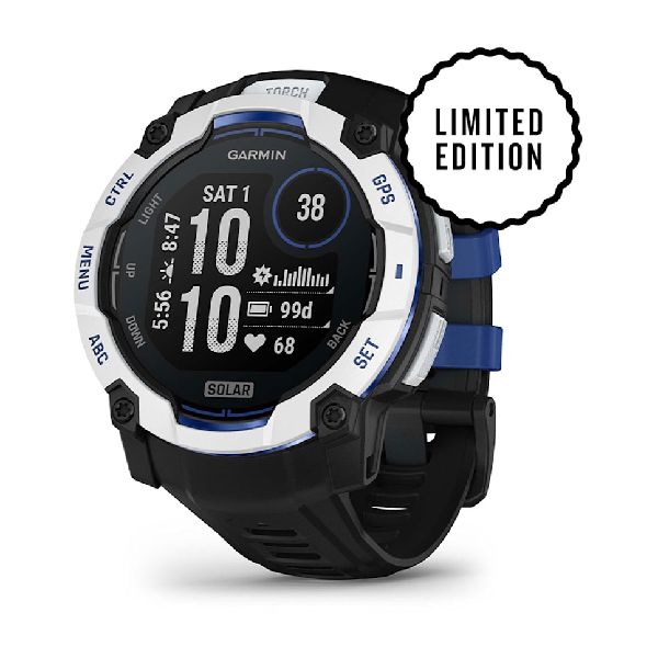 Instinct® 3 – 50 mm, Solar Whitestone with Black/Bolt Blue Band