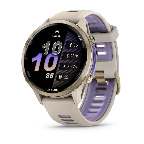 Forerunner® 970 - Soft Gold Titanium with French Gray Case and French Gray/Translucent Indigo Band